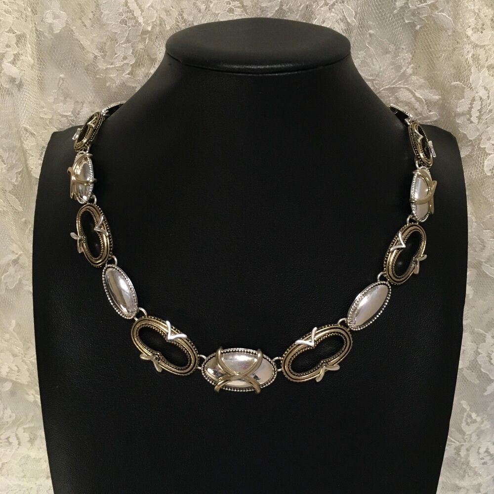 Vintage Oval Concho Style Chain Necklace Silver Gold Tones